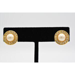 Vintage Clip Pearl Earrings Rhinestone Crystal Round Huggie Gold Tone 1980s BinH